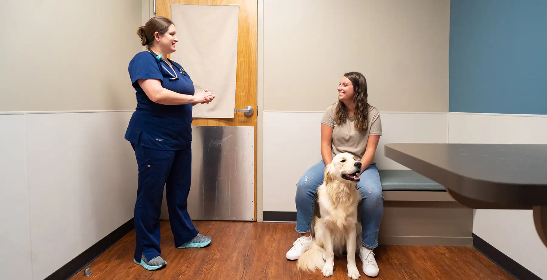 Veterinarian consulting a patient and her dog